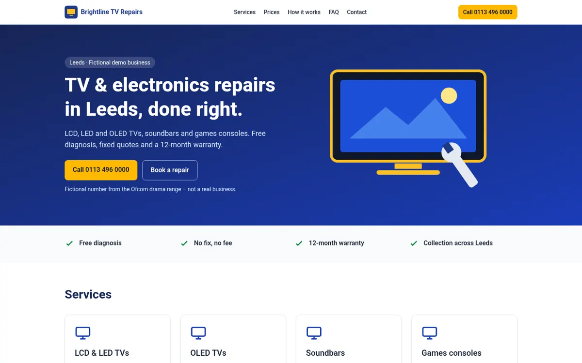 Screenshot of the Brightline TV Repairs demo