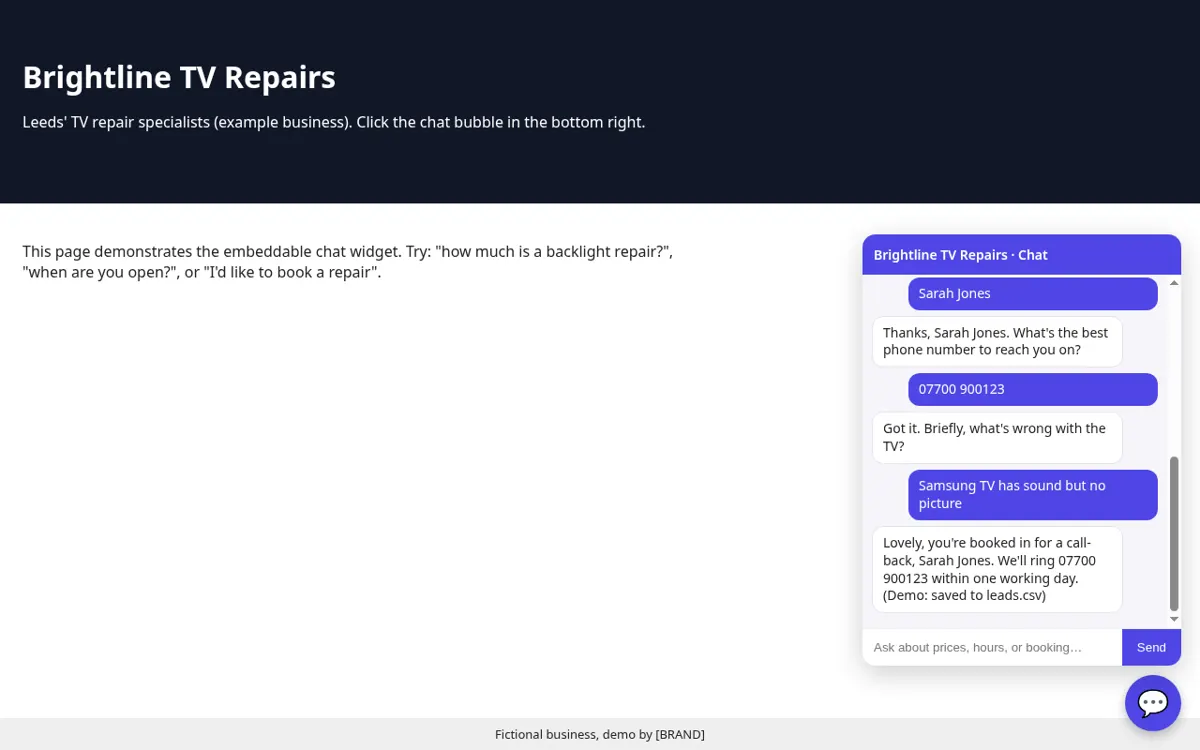 Screenshot of the Repair-shop AI chatbot demo
